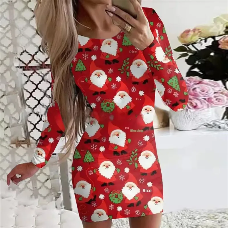 جديد عيد الميلاد طباعة جولة الرقبة طويلة الأكمام Bodycon اللباس المرأة الخريف الشتاء جديد لطيف الأيائل ملابس منقوشة بكم طويل حزب البسيطة اللباس
