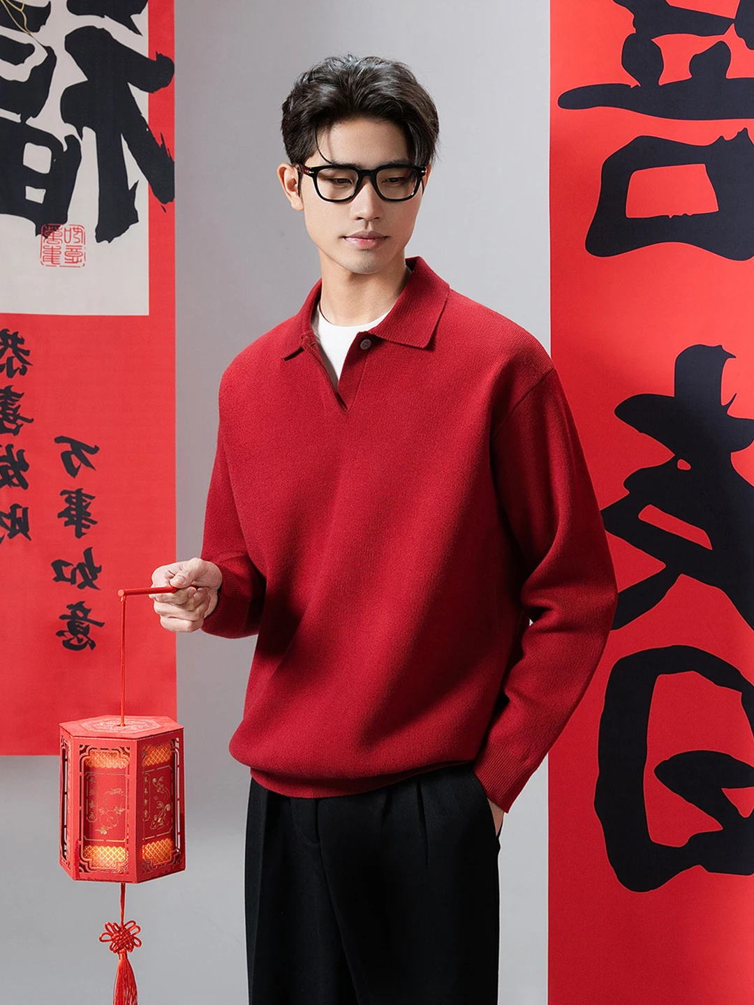 

Мужской вязаный свитер с V-образным вырезом, красный, с воротником-стойкой, повседневный, свободного кроя, с длинными рукавами, теплый, модный, к концу года