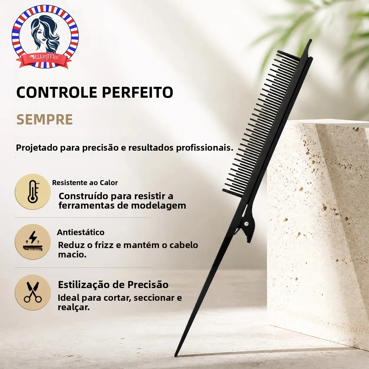 Pente profissional para salão de beleza, preto, multifuncional, com clipe para realce, para estilização de cabelo, antiestático, 1 peça