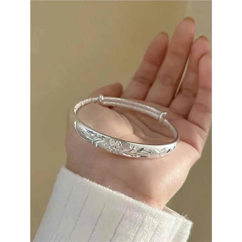 S999 Solid Matte Push-Pull Silver Bracelet Women Flower Design