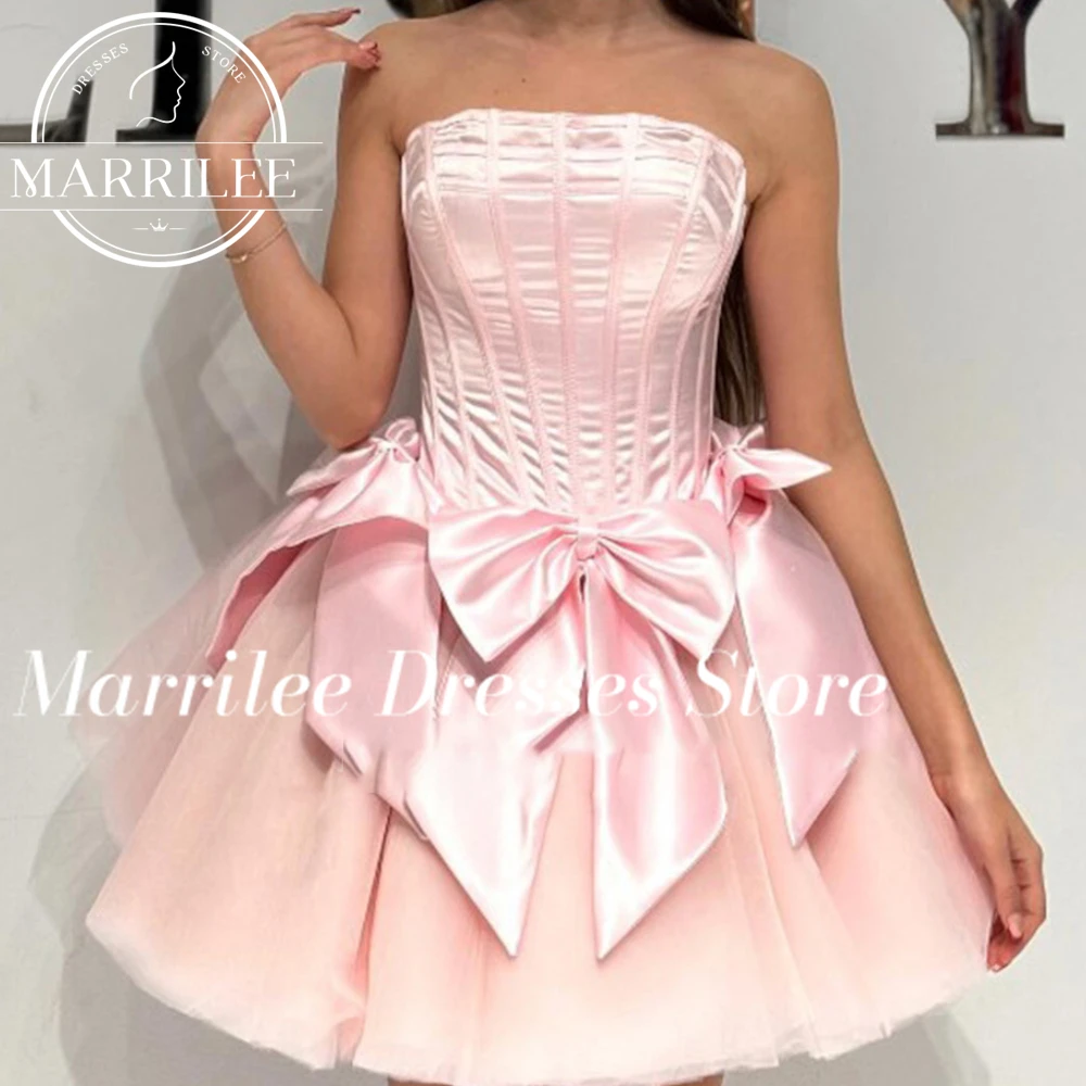 Marrilee  Customized Princess Strapless Short Stain Evening Dress With Bow Mini Above Knee Backlee Lace Up Tulle Prom Party Gown