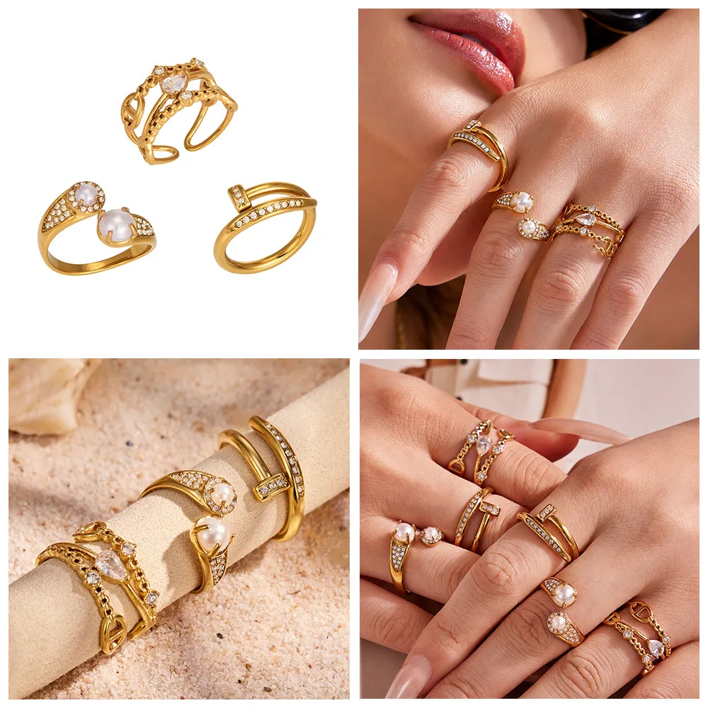 316L Edelstahlring, mehrlagig, mit Perlen und Zirkonia, tropfenförmig, offener Ring, 18 Karat vergoldet, schick, modern, zarter Schmuck für Damen – Detail 1