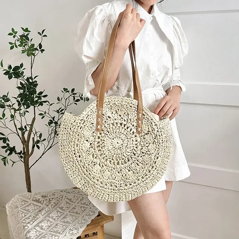 2024 Summer Round Straw Women Tote Bag Vacation Woven Beach Shopper Shoulder Bag Large Capacity Hollow Out Simple Shopping Bag