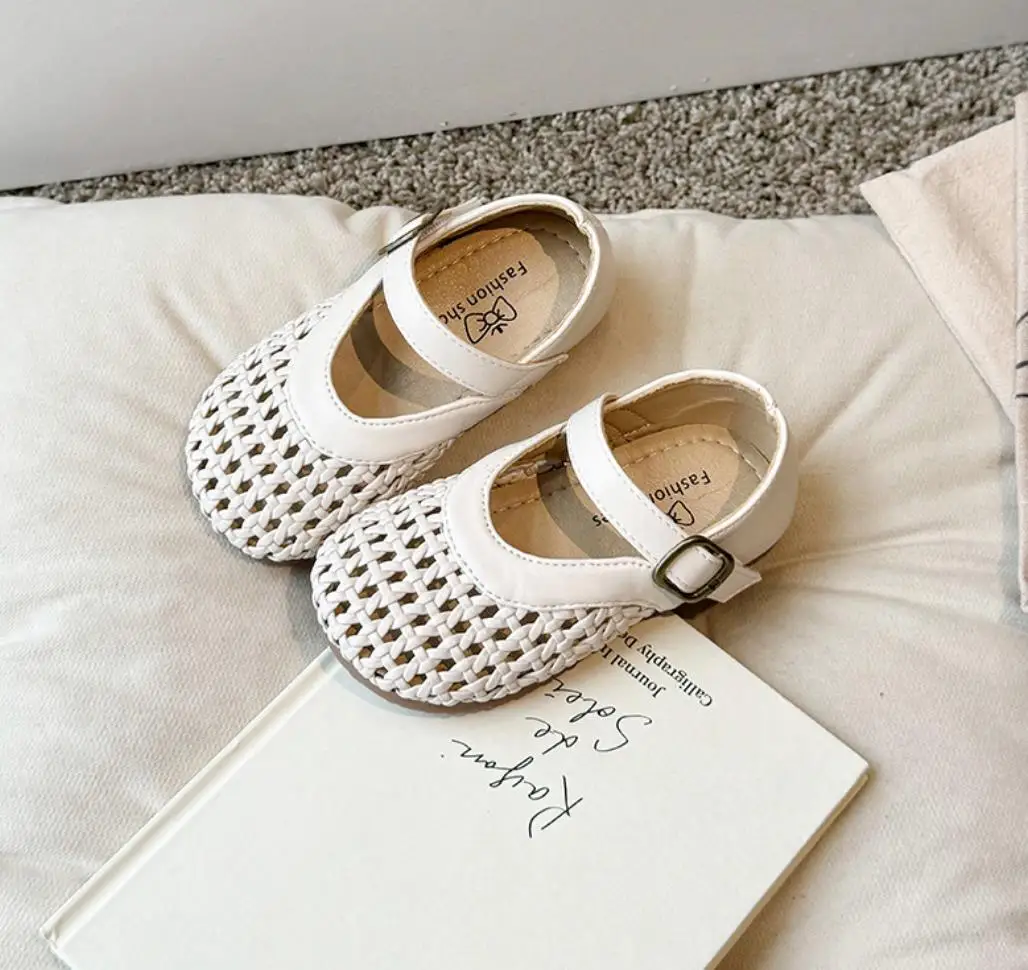 Toddler Kids Baby Shoes Summer Fashion Girls Solid Color Versatile woven Hollow Sandals Size 23-34 Children Beach Flats Shoe