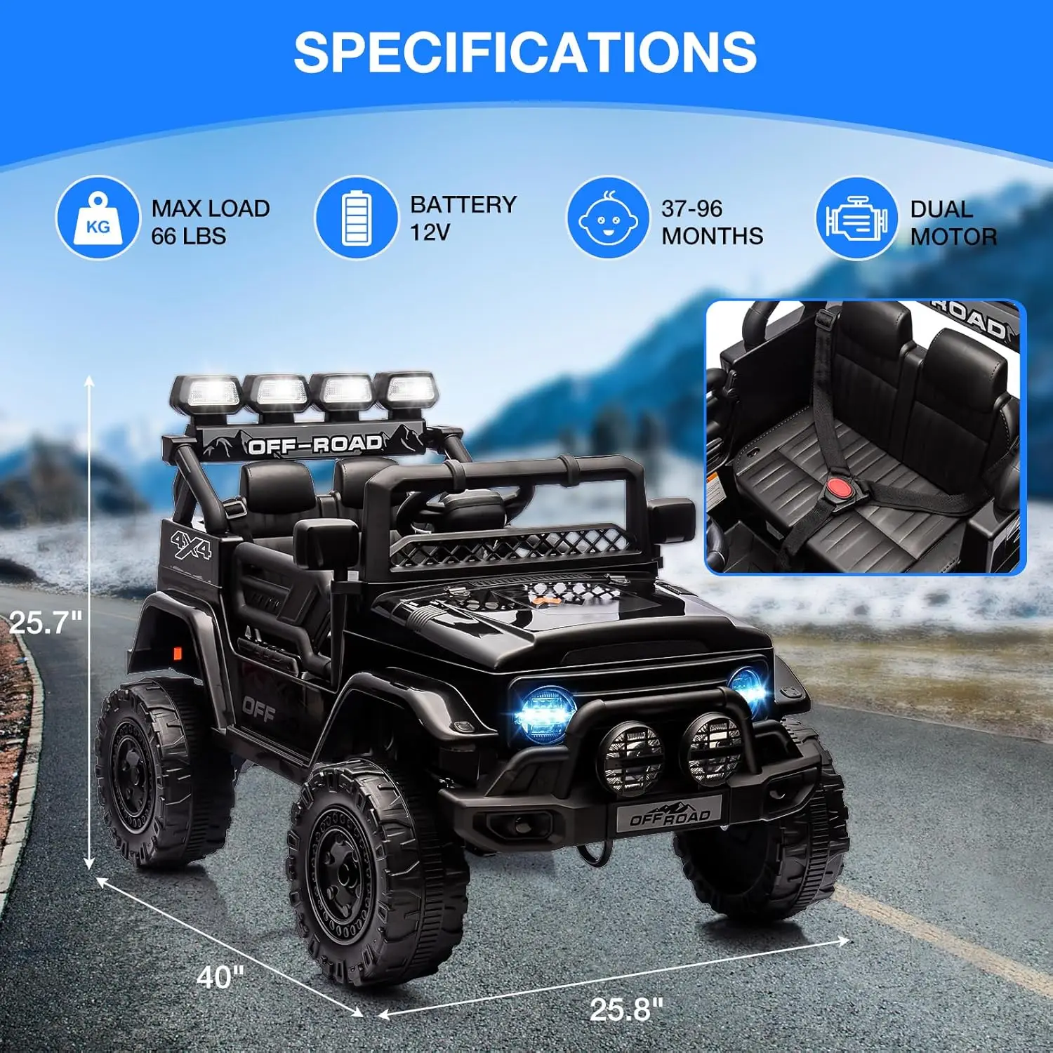 12V Kids Ride on Truck, Electric Vehicle Jeep Car with Remote Control for Kids, Spring Suspension,Speaker,3 Speeds,LED Lights  ﻿