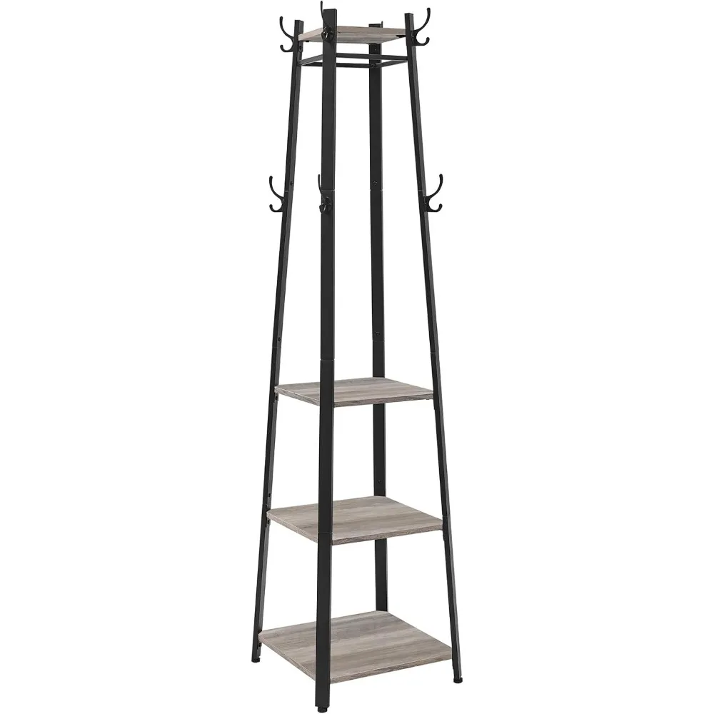 Coat Rack, Coat Stand with 3 Shelves, Hall Tree Free Standing with Hooks for Scarves, Bags, Umbrellas, Steel Frame, Indu