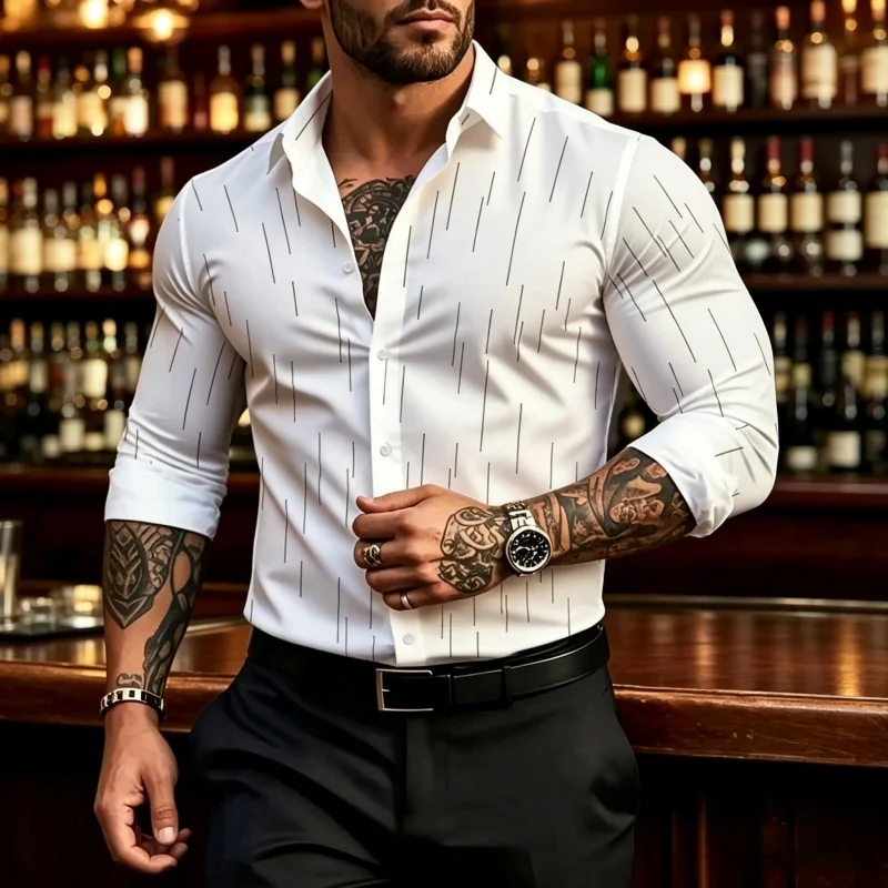 Men's Shirt Solid Color Fine Line Printed Long Sleeve Shirt Collar Cardigan Business Casual Large Men's Comfortable Fabric