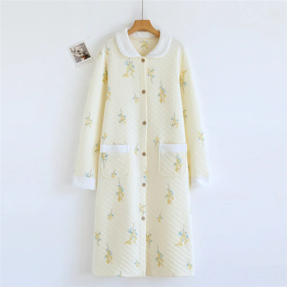

Spring Autumn Women Doll Collar Long Sleeve Nightdress Femme Airlaid Cotton Nightwear Print Floral Nightgown