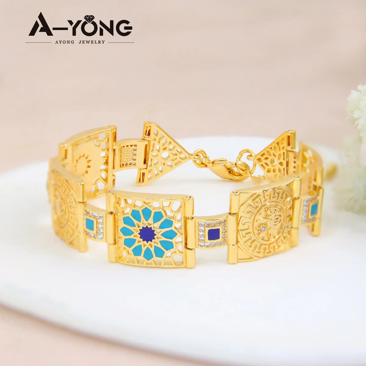 Bracciale con polsino Color oro arabo di lusso per donna braccialetti in rame placcato oro 21 carati gioielli per feste di matrimonio da sposa di