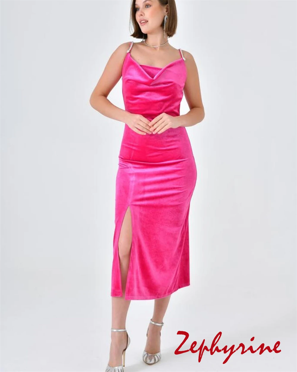 Personalizado sereia elegante rosa veludo vestido de noche moderno alças espaguete sem mangas vestidos de baile moda vestido de festa