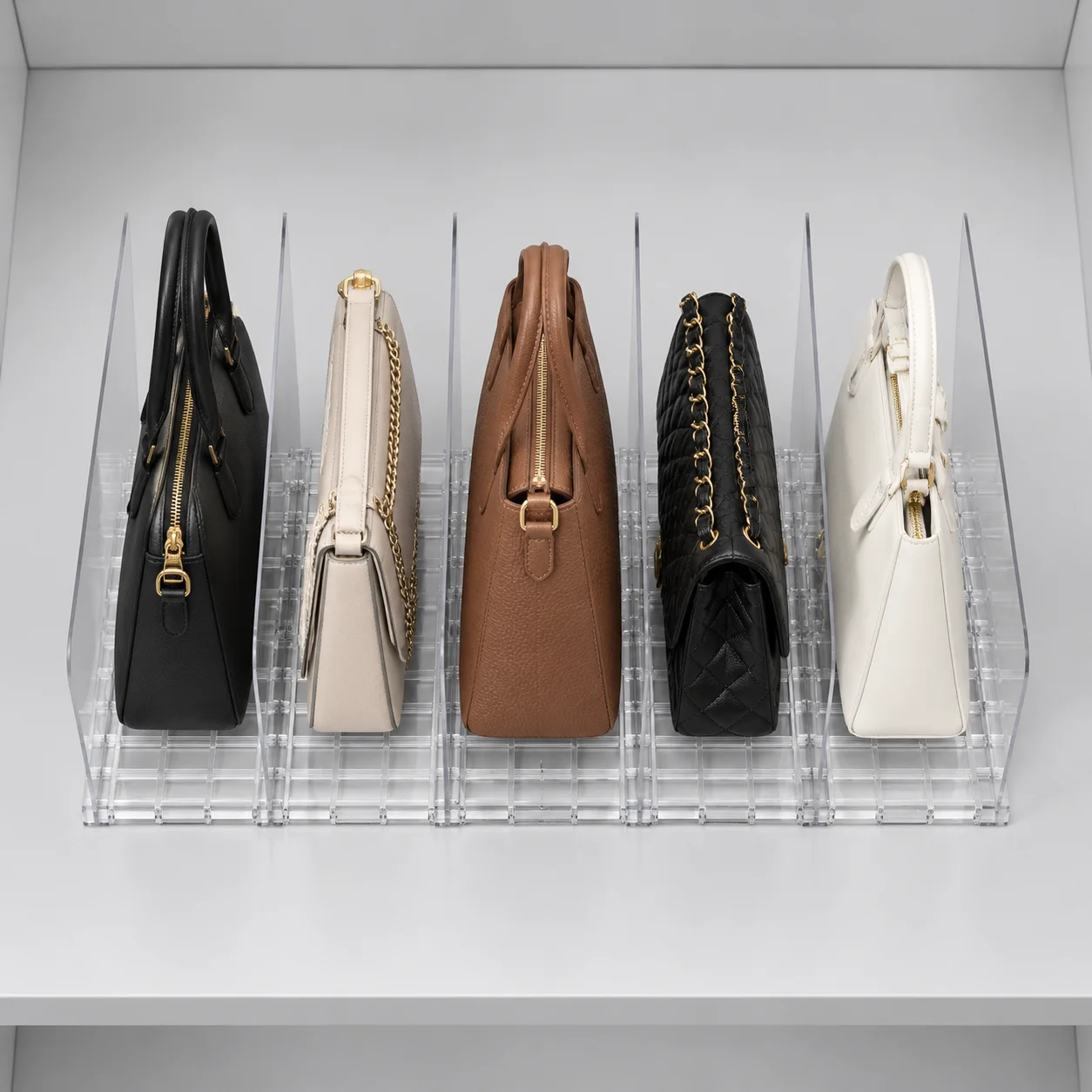 Wardrobe Handbag Storage System with 2 Bases & 7 Dividers, Multi-scene Purse Book Display Organizer