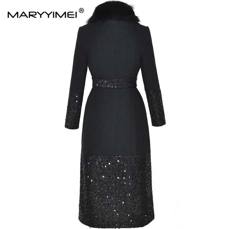 MARYYIMEI Autumn and Winter Women's Coat Black Turn-Down Collar Lace-Up Long Sleeve Double Breasted Fashion Overcoat