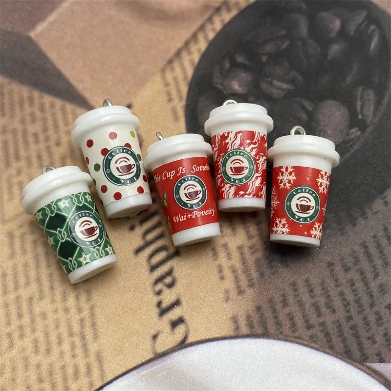 10pcs Cute Mini Christmas Coffee Cup Resin Charms Funny Drink Bottle Pendant For Earring Keychains Diy Jewelry Making