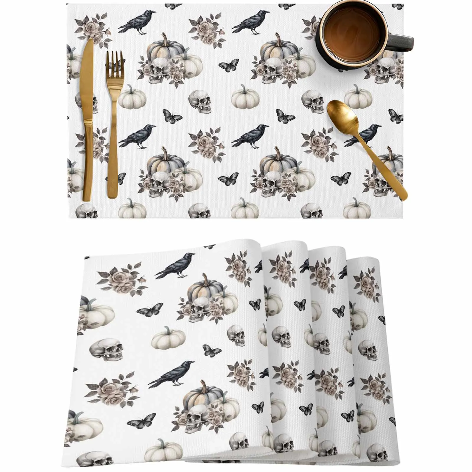 

4/6 Pcs Halloween Pumpkin Skull Crow Placemat Wedding Party Dining Decor Linen Table Mat Kitchen Accessories