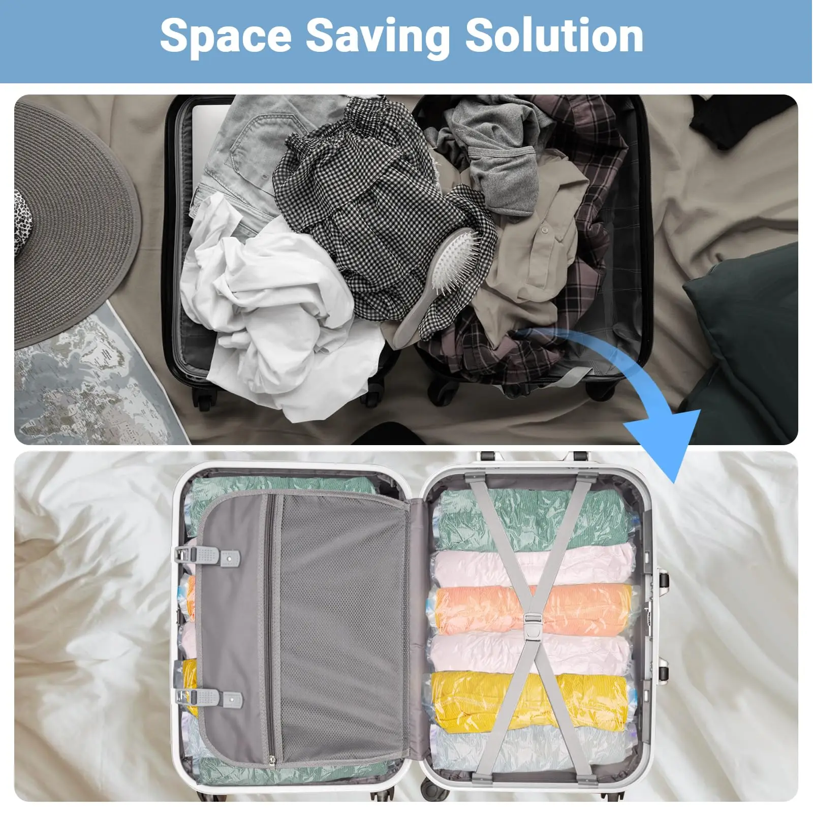 8er-Pack Roll-Up Kompressionsbeutel Wiederverwendbare Vakuum-Aufbewahrungsbeutel für Reiseorganisation Platzsparend im Koffer Keine Pumpe Erforderlich – Detail 3