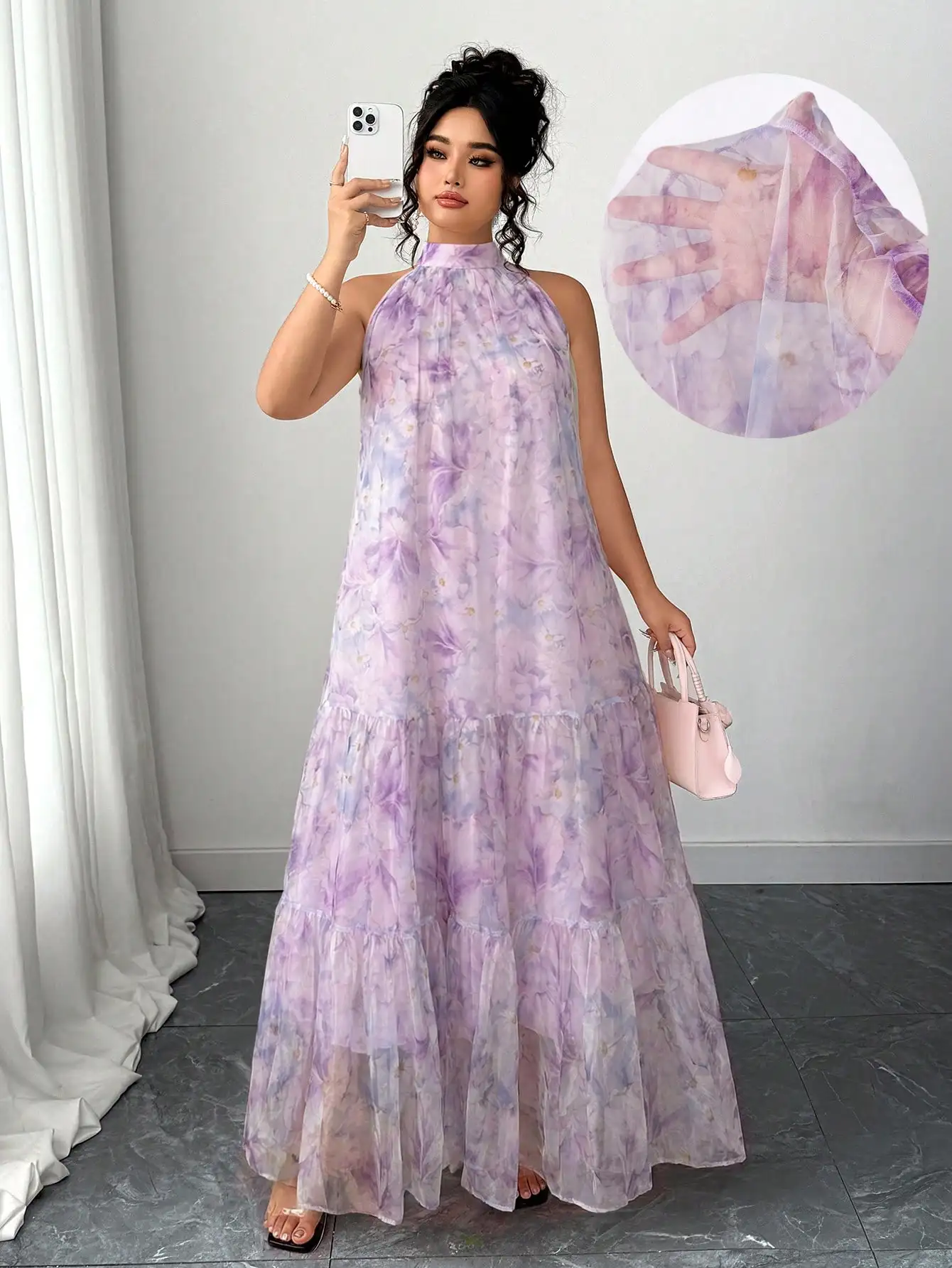 

Plus Size Women Elegant Sleeveless Floral Chiffon Tiered Maxi Dress