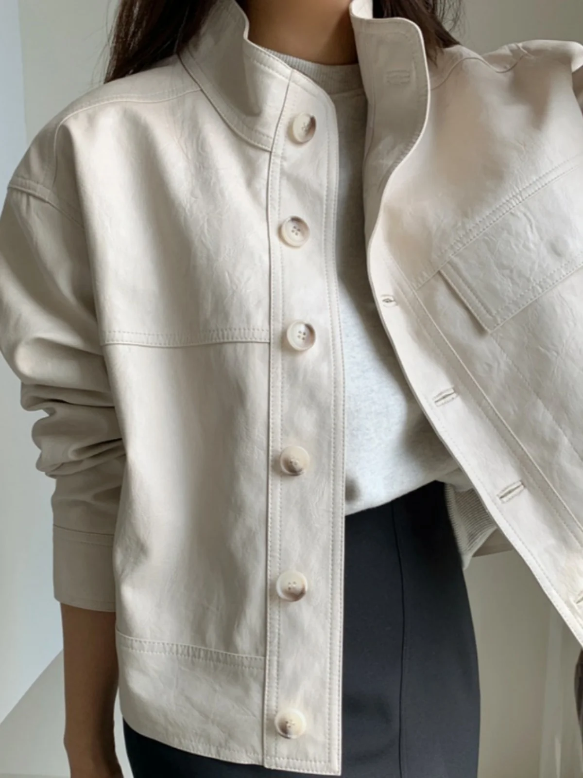 ファイオナブル モーターサイクル スレ レザー ジャケット レディース 秋冬 韓国風 トレンド ヘビーステッチ ハイカラートップ