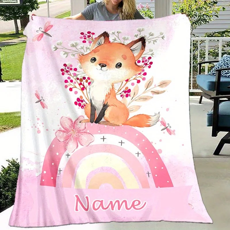 Personalisierte Fuchs- und Regenbogen-Flanelldecke, anpassbar mit vier Jahreszeiten-Digitaldruck aus weichem Polyesterstrick, Tiermotiv