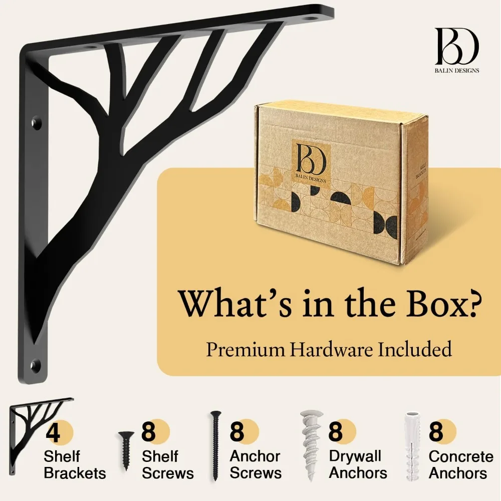 دعامات على شكل حرف L معدنية سوداء على شكل شجرة ريفية مقاس 8 بوصات شديدة التحمل للأرفف العائمة من الحديد، ودعم ديكور لديكور المنزل