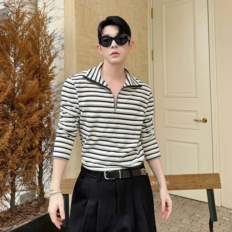 

SYUHGFA мужские футболки в корейском стиле с отложным воротником и половиной молнии, полосатый контрастный цвет, пуловер с длинными рукавами, мужская футболка