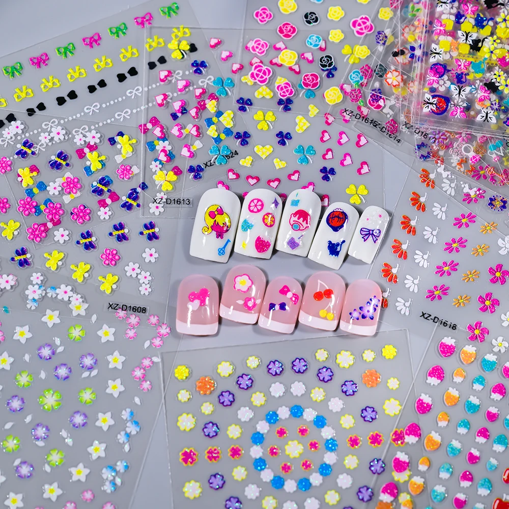 30Pcs/set Colorful Flower Collection 5D Nail Art Sticker Glitter Dopamine Nail Art Decor Self-adhesive Sticker Decals For Girls