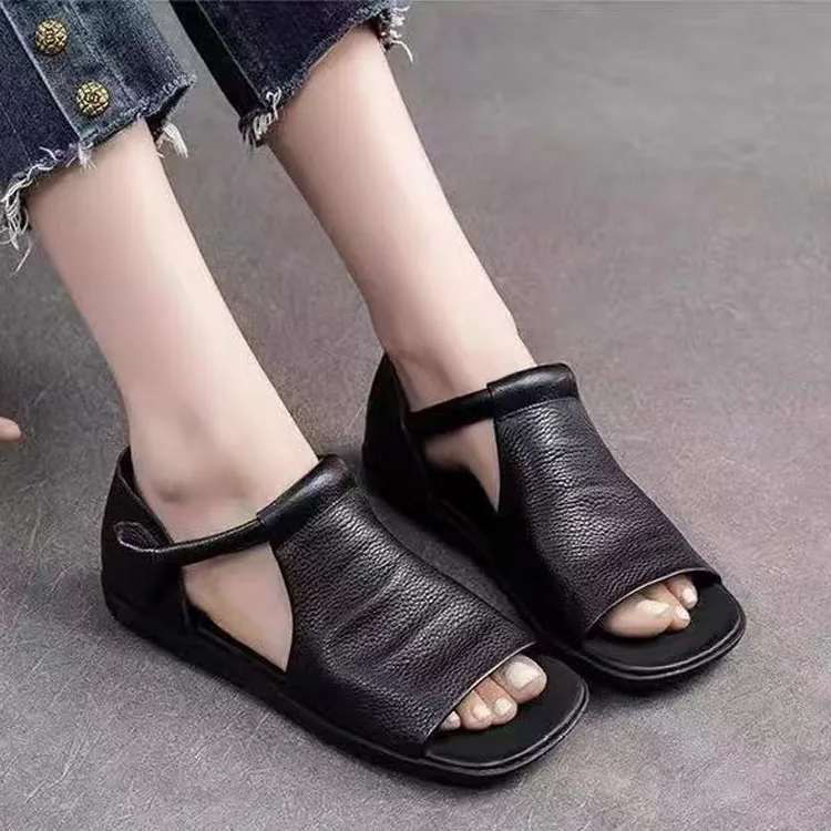

Summer Casual Fi Mouth Flat Bot Ladies Sandals Soft Surface Genuine Leather Retro Comfortable Women's oes Roman Sle