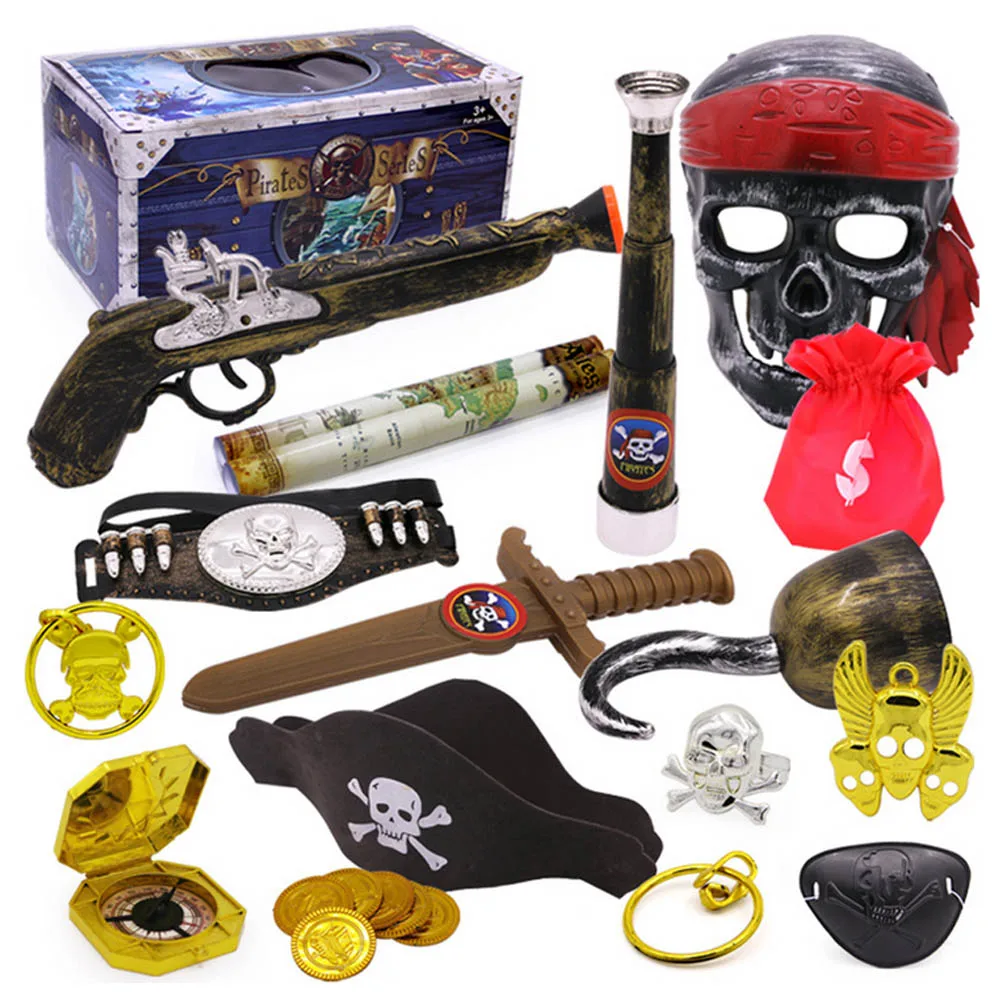 Behogar 16pcs Pirate Theme Party Supplies Kit Compass Telescopes Mask Hook Gun Toys for Kids Halloween Party Costume Accessories