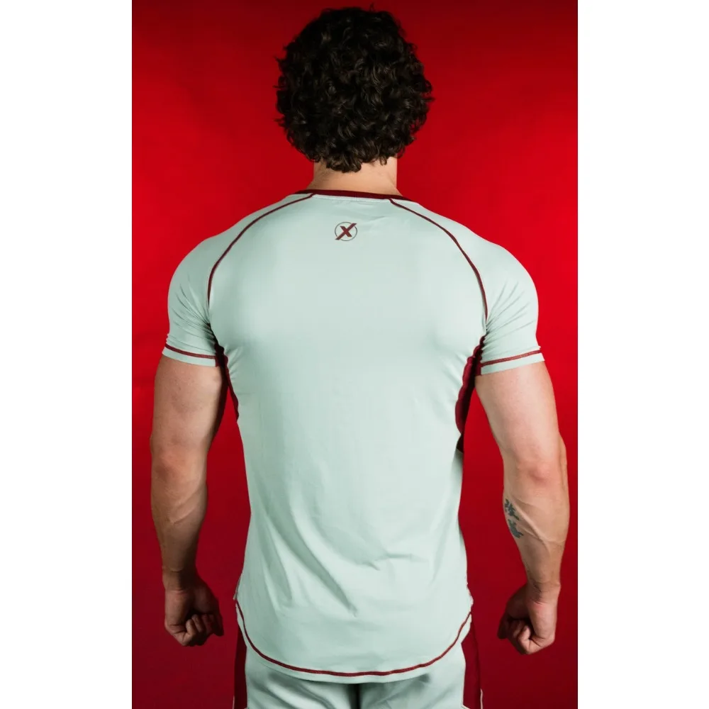 Men Athletic Compression Shirt Contrast Panel Raglan Sleeve Gym Training Weightlifting Sports Tee