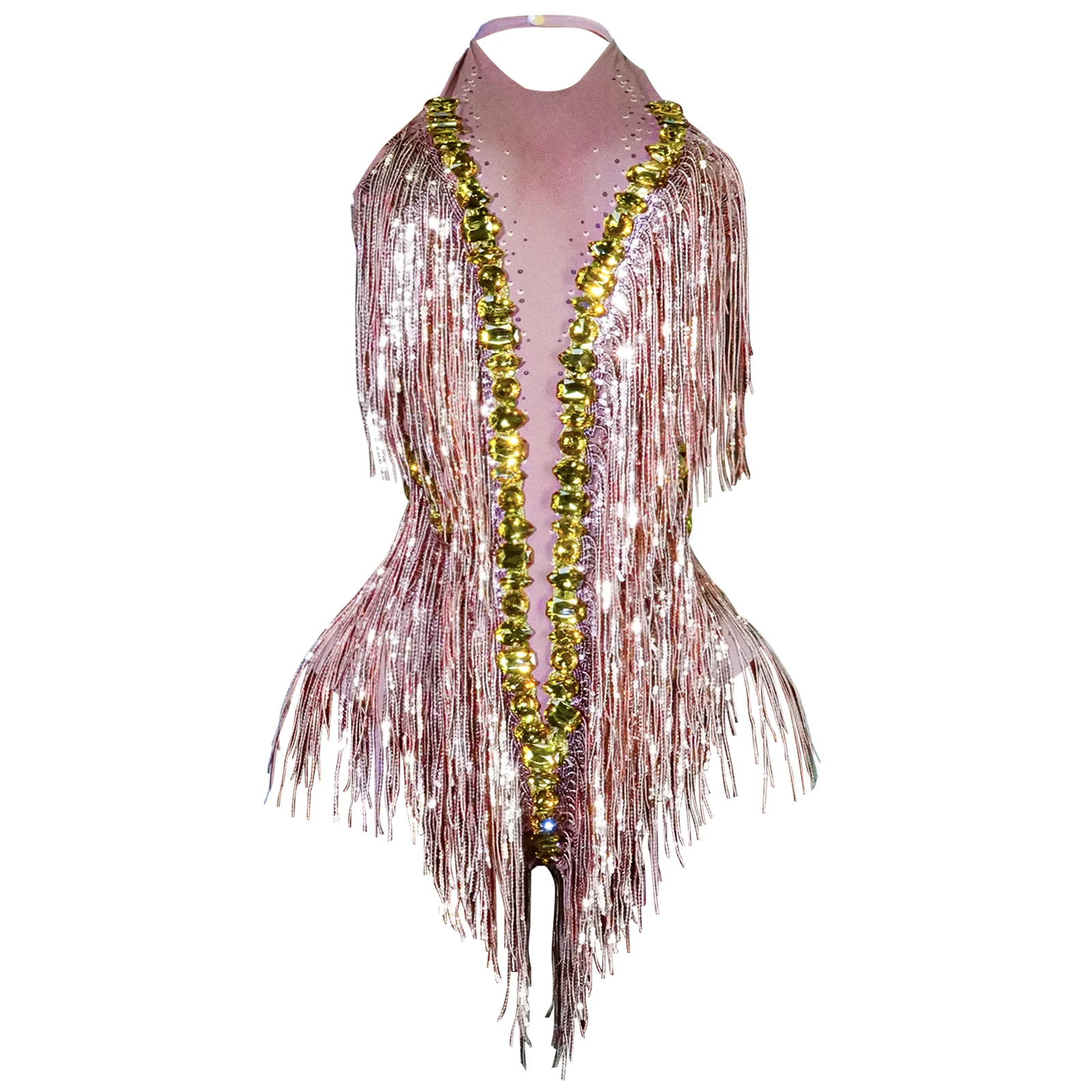 

Sexy Gold Tassel Crystal Bodysuit Women Birthday Party Prom Dance Bar Club Stage Singer Dancer Performance Drag Queen Costume