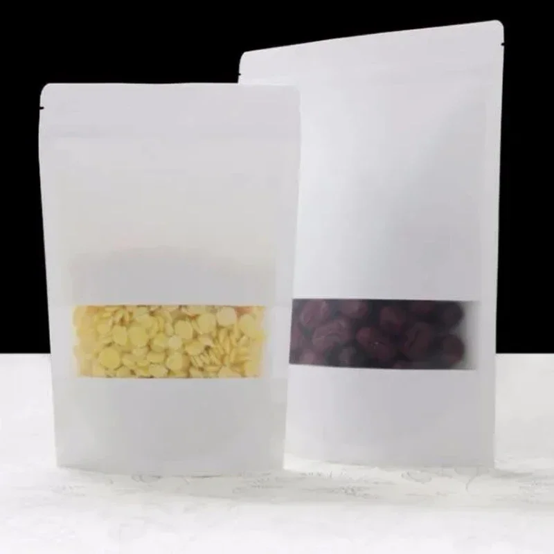 Paquete de 50 Bolsas de Papel Kraft Blancas con Cierre Zip/Zip Lock, Reutilizables, con Ventana para Alimentos/Té/Galletas/Nueces/Café