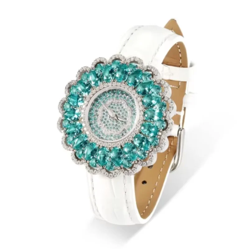 BELLUX Original Design Artificial Paraiba Sparkling Gemstone Luxury Fashion Flower Design Handmade Women's Jewelry Watch