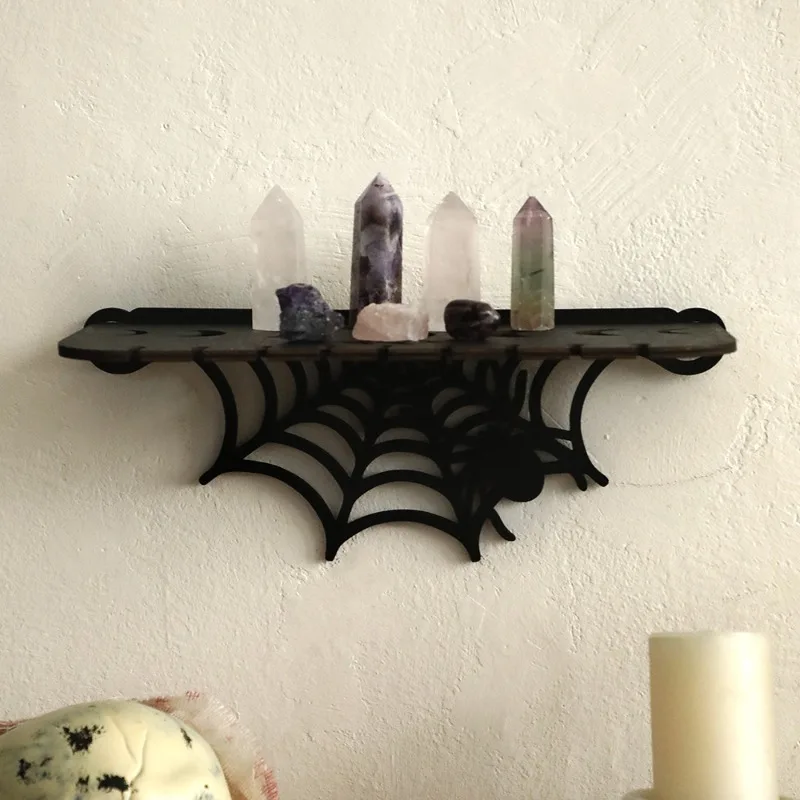 New Halloween Gothic Spider Web Wall Shelf Dark Wooden Floating Storage Rack Bedroom Wall Mount Craft Decor