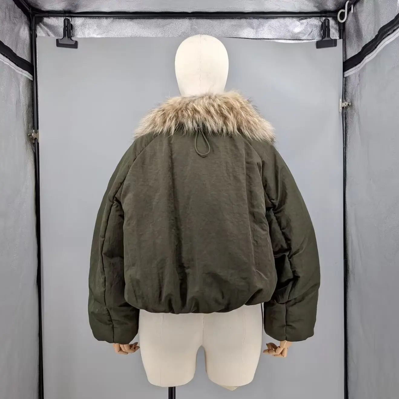 Women Olive Green Pumpkin Puffer Short Down Jacket Real Raccoon Fur Full Front Placket Collar Loose Drawstring Hem Light Outwear