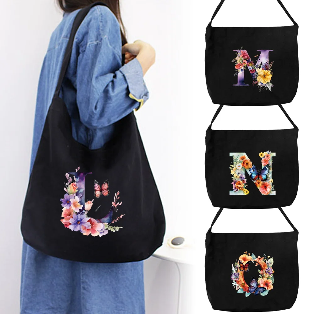 

Shoulder Bags Canvas Tote Bag Black Women's Work Commuter Bag Butterfly Letter Printing Series Aesthetic Travel Organizers Bags