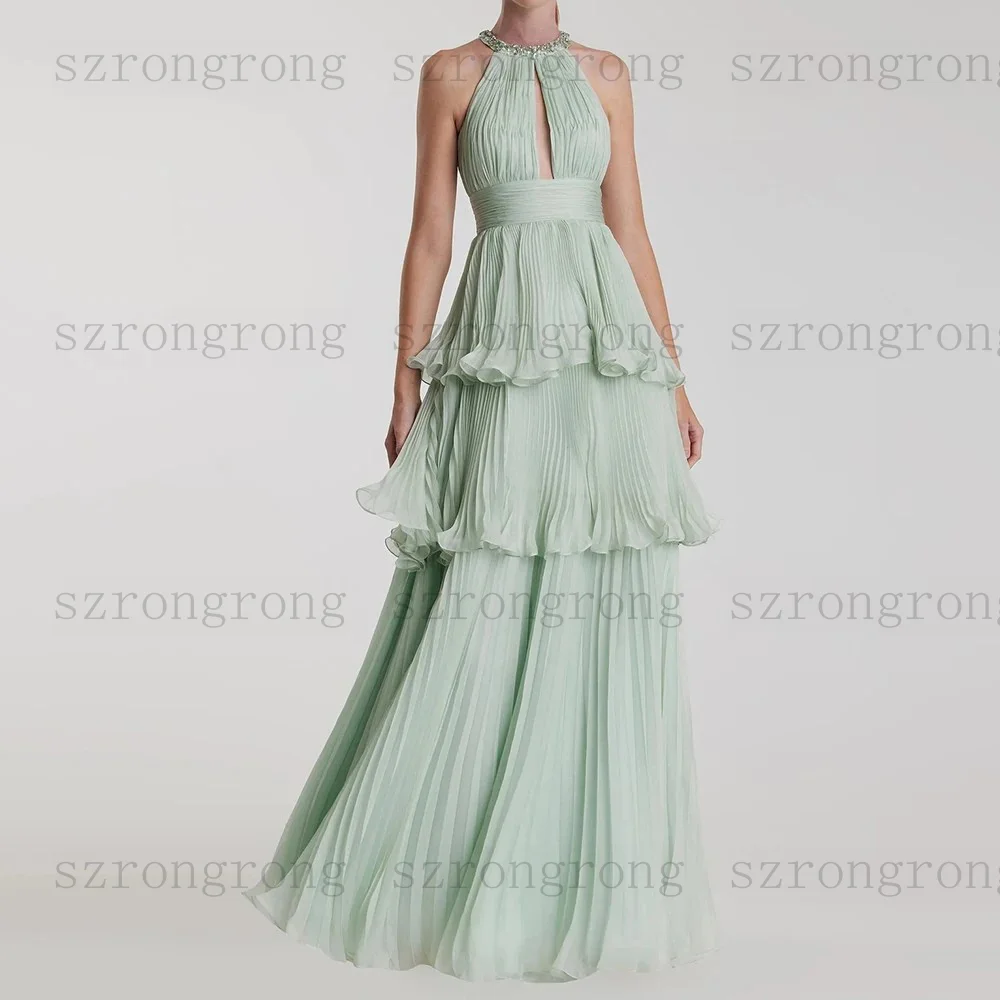 Robe de soirée trapèze personnalisée, longueur au sol, col rond, sans manches, mode cristal, Simple, drapée, dos nu, robe de soirée