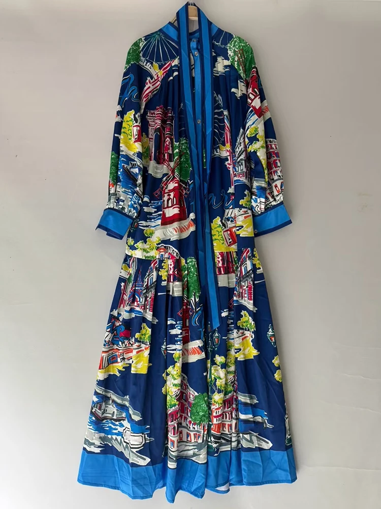 Vestido Retro con estampado de paisaje de frutas y verduras, vestido camisero con lazo en la cintura, falda acampanada plisada holgada, otoño 2025