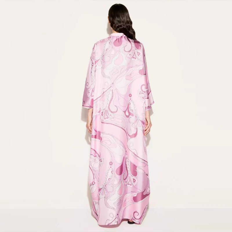 Abito da festa ampio con stampa modello elegante da donna Abito bohémien con lacci sexy con scollo a V Abiti lunghi in raso cavo a vita alta