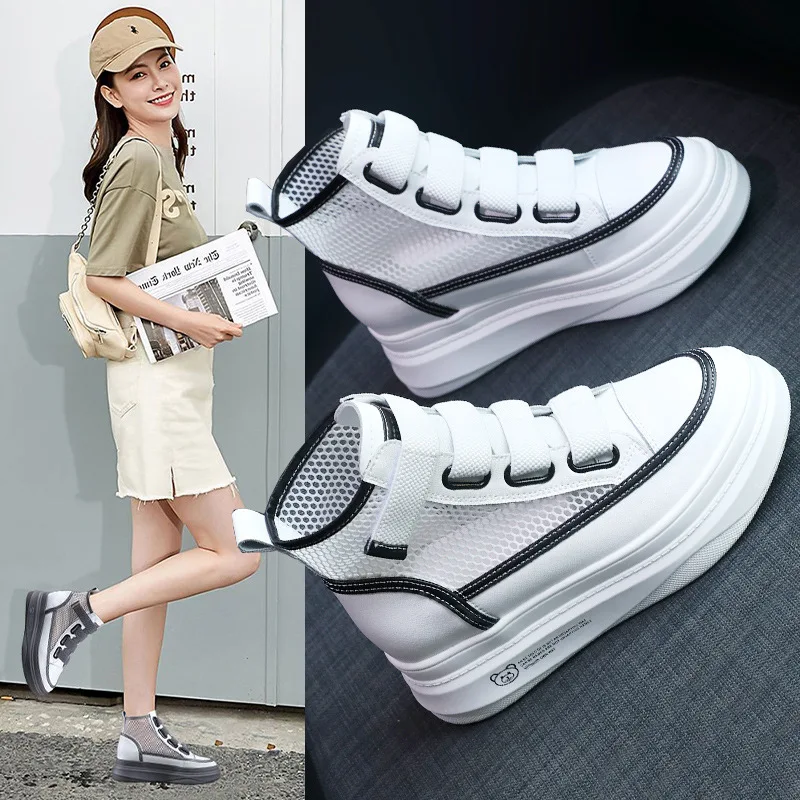 

High top white shoes for women 2025 new women's shoes versatile breathable mesh shoes thick soled casual sports shoes