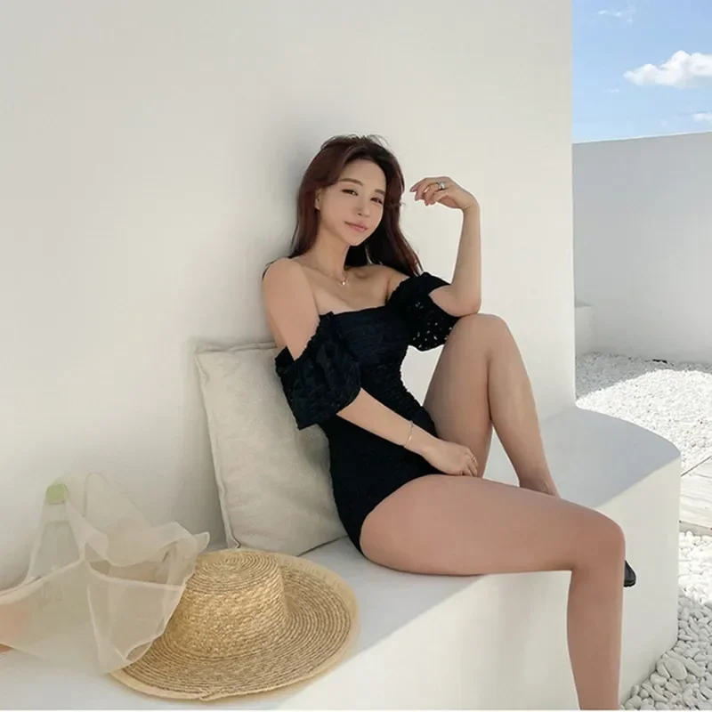 Nuevo estilo coreano, bañador de cintura alta para mujer, Monokini de manga corta, Color puro, traje de baño conservador de primavera, conjunto de Bikini