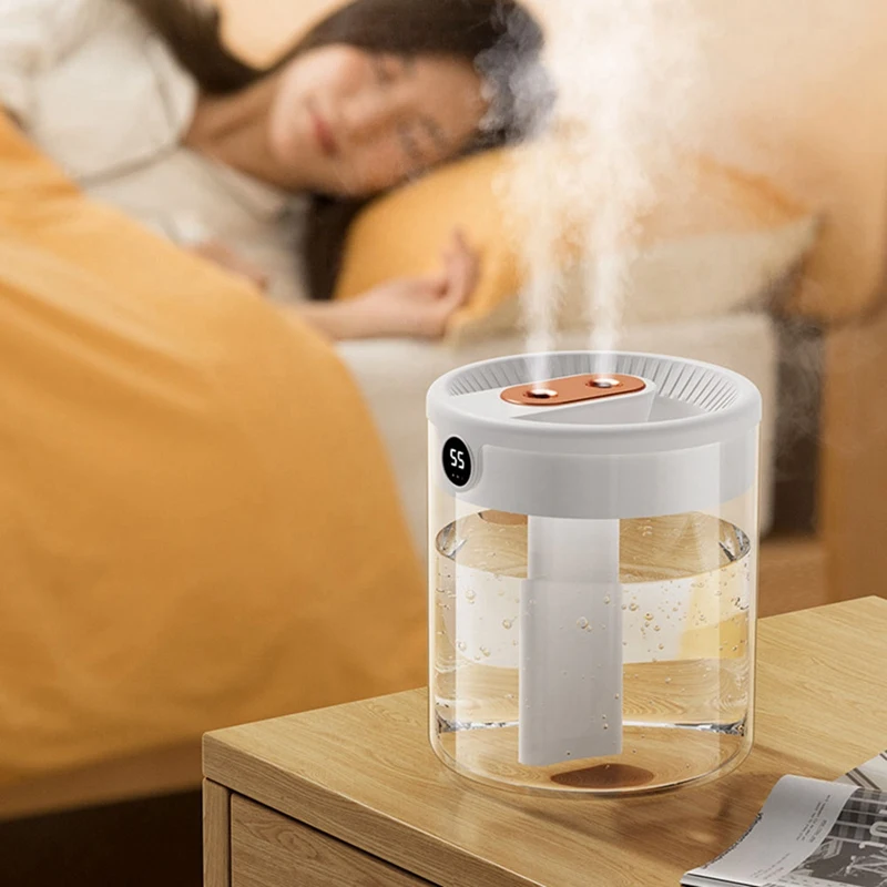 Humidificador de aire H2O, boquilla doble de 2L de capacidad con pantalla LCD de humedad, difusor de aceites esenciales, USB portátil