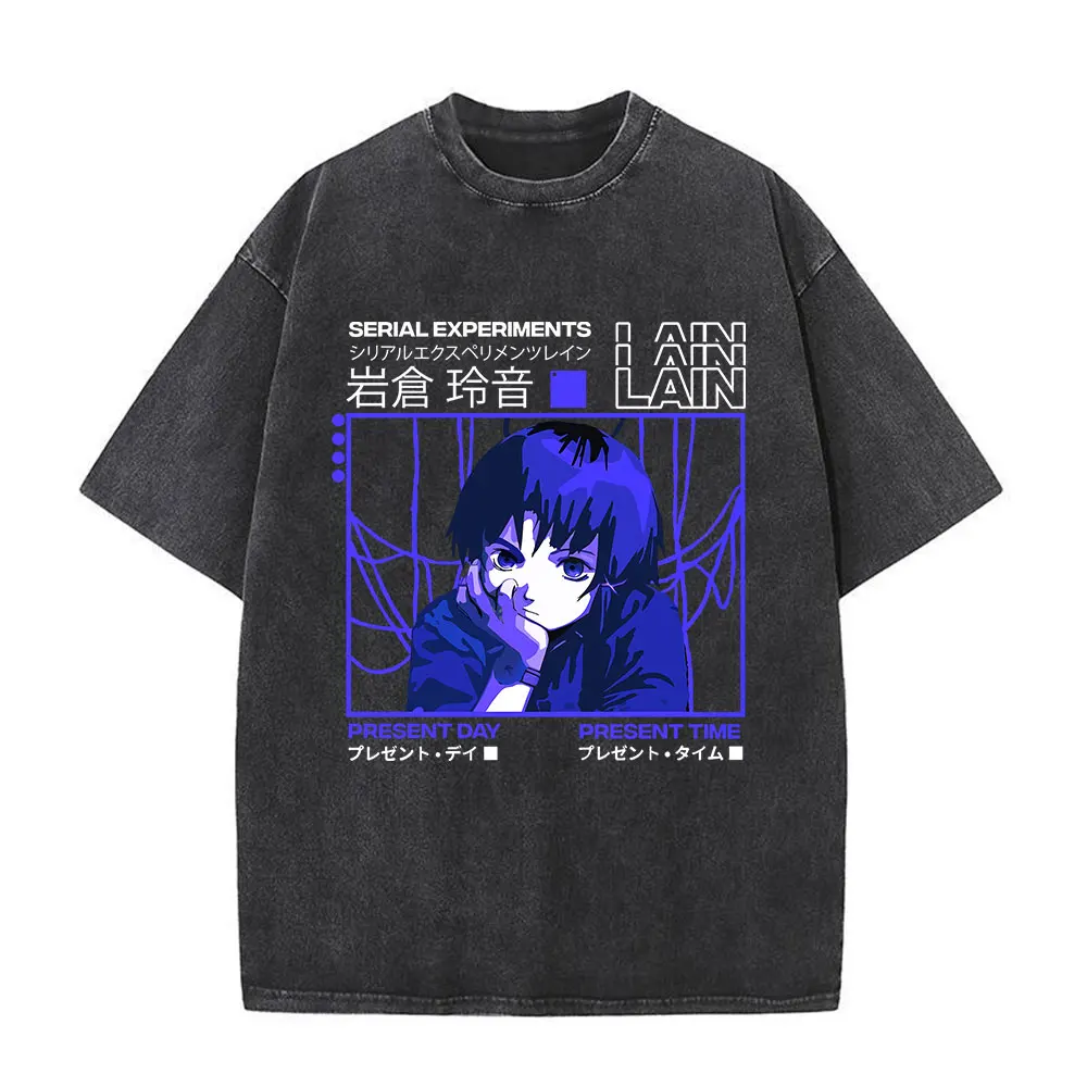 Anime Serial Experiments Lain Vintage Washed T-Shirt Iwakura Manga Girl Sci Fi Short Sleeve Tee Shirt 100% Cotton Casual T Shirt