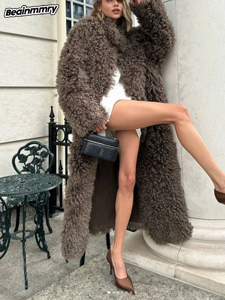 Luxury Solid Color Wool Long Coat Casual Full Sleeve Faux Fur Overcoats 2024 New Female Winter High Street Warm Streetwear