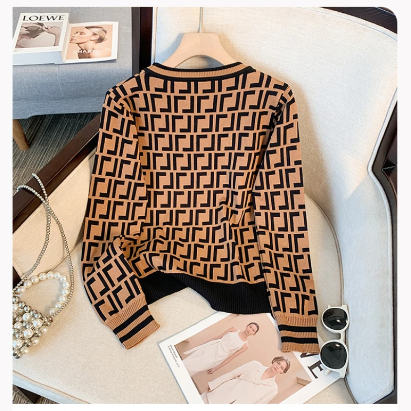 Fashion Women Vintage Plaid Jacquard Sweater Long Sleeve Jumpers Knitwear Autumn Winter Pullovers High Quality Knitted Sweaters