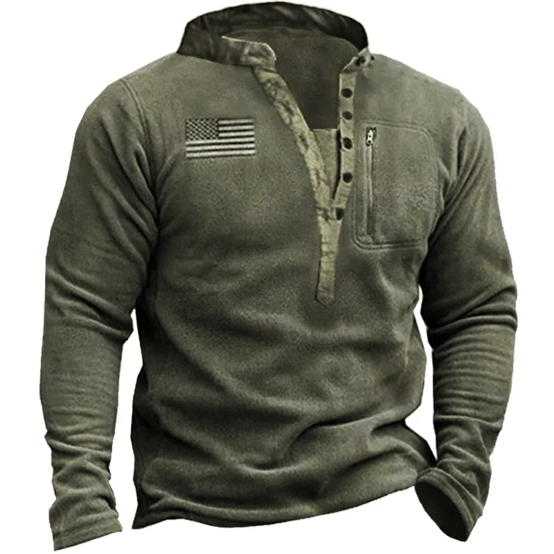 Men's V-neck Sweater Outdoor Fleece Thermal Henry Neck Tactical Sweater Pullover Training Uniform Men's Top