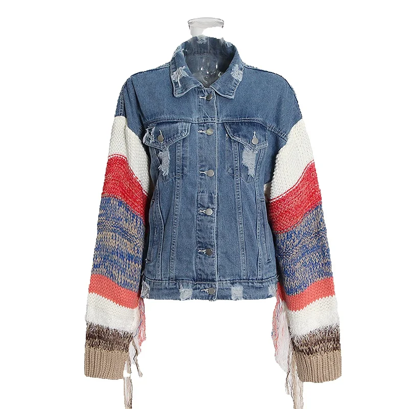 Fashionable And Trendy Design, Patchwork Knit Color Blocking, 2024 Autumn New Trend Loose Casual Denim Jacket For Women