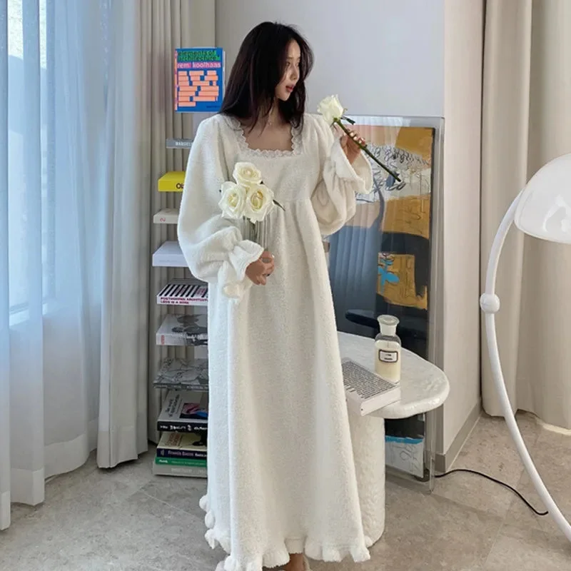 Pajama Long Dress Women\'s 2023 Autumn/Winter New Korean Version Loose and Warm Flannel Home Lazy Dress ins Commuter Solid Square