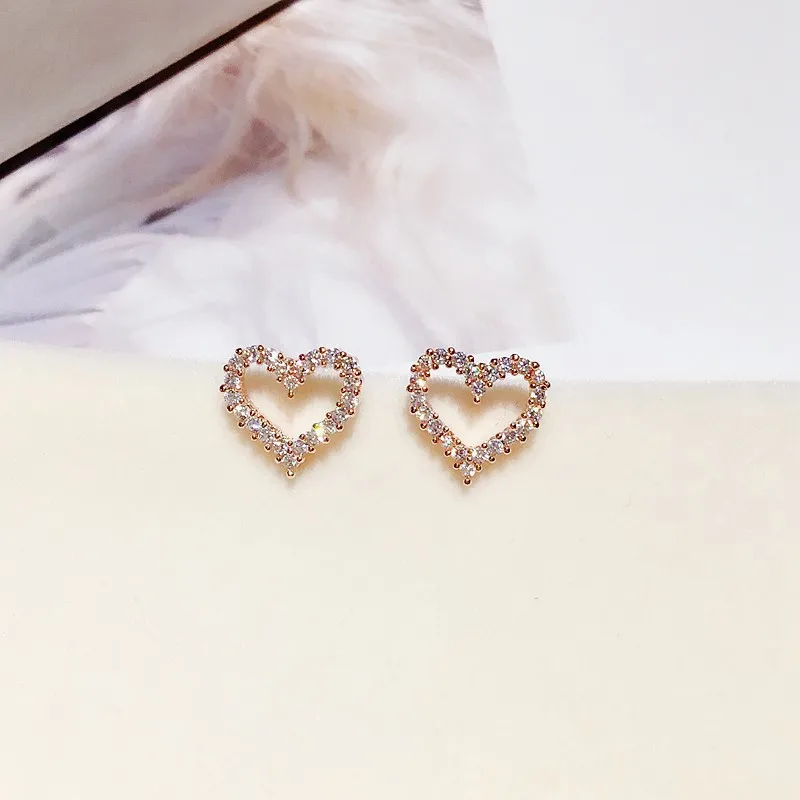 Korean Earrings S925 Silver Color Heart Bling Zircon Stone Stud Earrings for Women Fashion Jewelry Trend