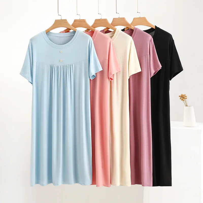 

Summer Modal Nightgown Women's Home Clothes Pleated Long Dress Short Sleeve Sleepwear Nightdress Thin Nightwear Outside Wear