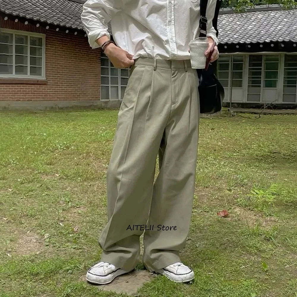 

Work Pants for Man Solid Color Wide-leg Casual Polyester Fabric Fashionable Men's Trousers Loose Fit Straight Trouser Tailoring