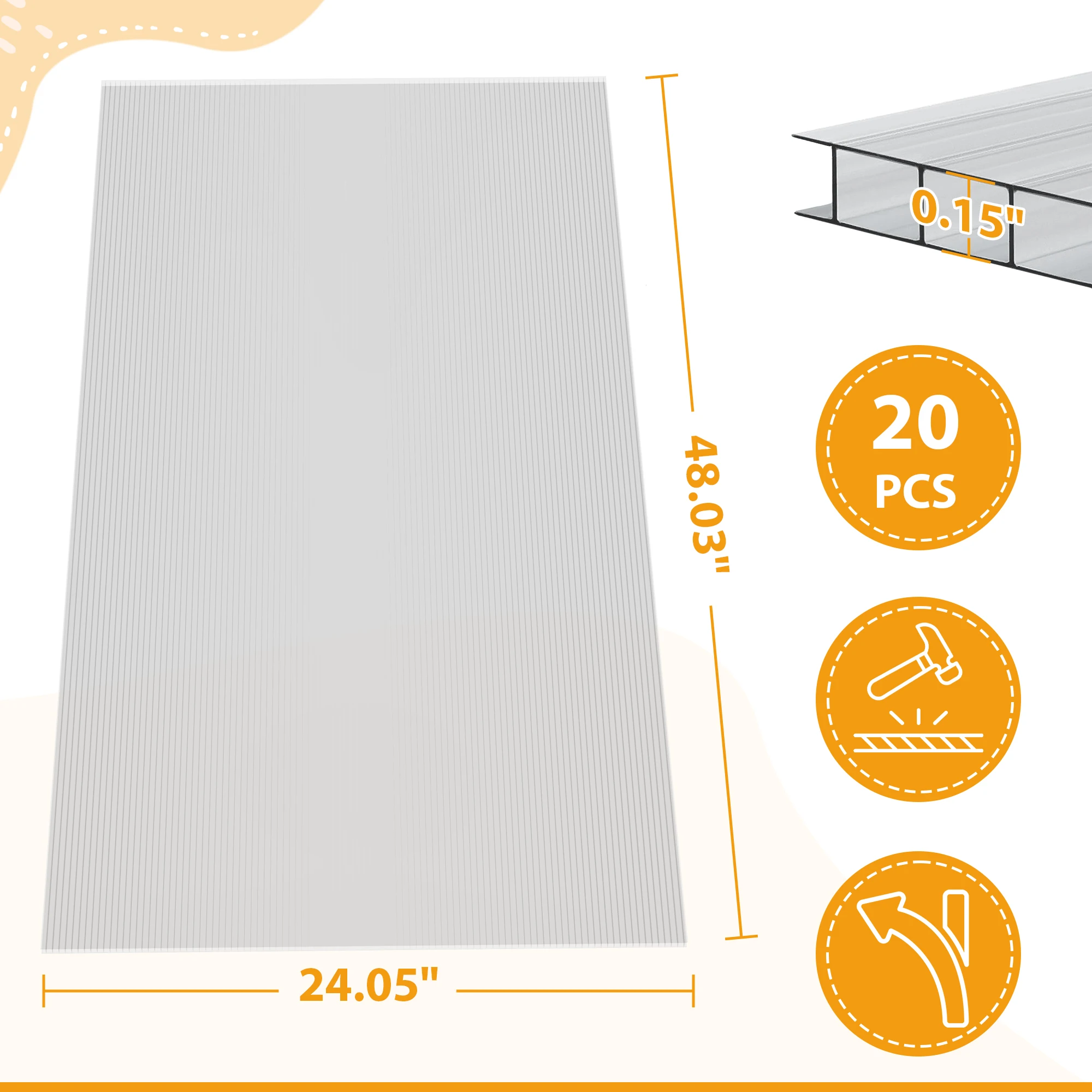 20 قطعة من صفائح البولي كربونات ذات الحائط المزدوج مقاس 24 × 48 بوصة، ألواح معززة شفافة لسقف وسقيفة الدفيئة، مقاومة للماء ومحمية من الأشعة فوق البنفسجية.